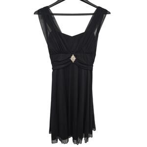 Vintage Rory USA Babydoll Empire Waist Mini Dress 2XL Black Sheer Lined Brooch